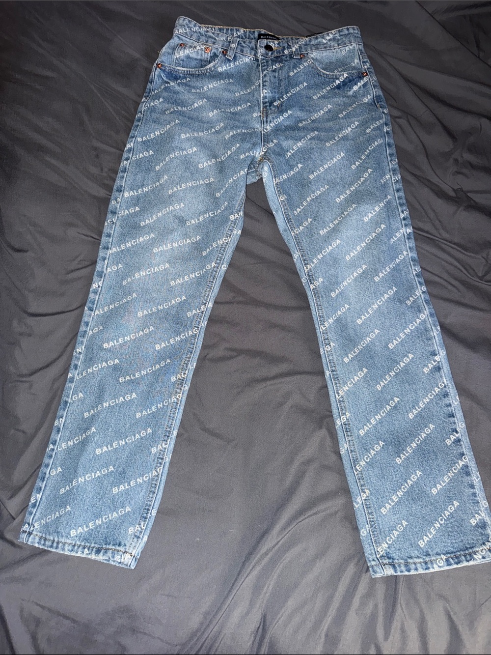 Balenciaga Men's Blue Allover Logo Straight Jeans